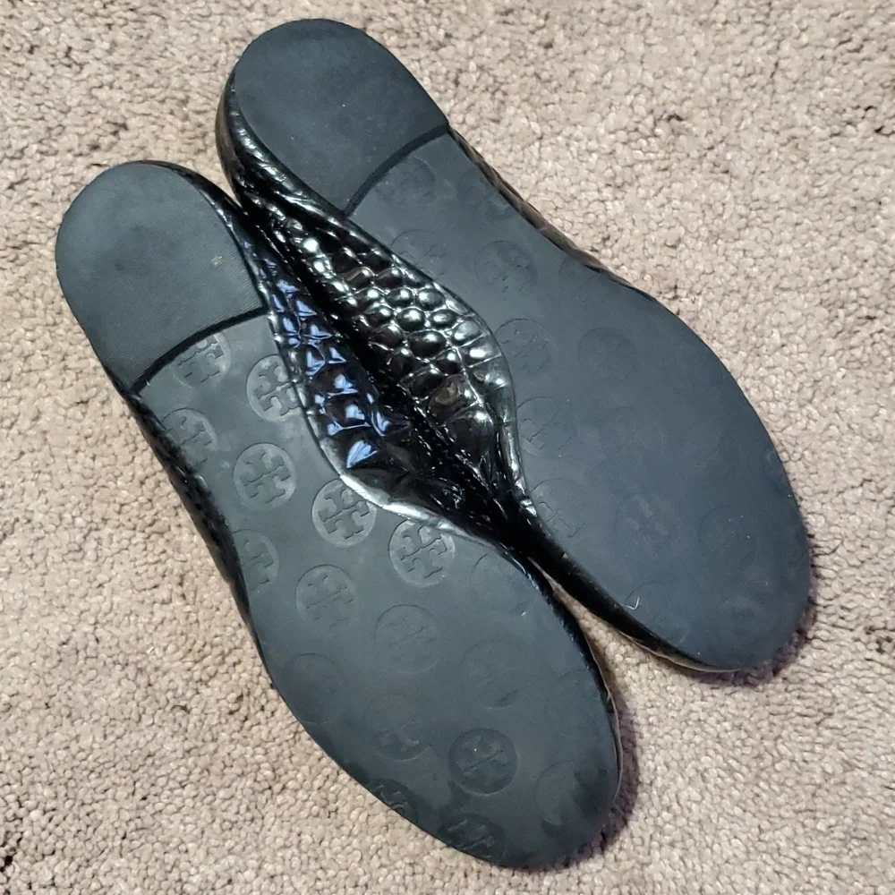 Tory Burch leather crocodile embossed ballet flats black